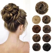 Flufymooz Messy Bun Hair Piece, 100% Real Human Hair Tousled Updo Extension Natural Curly Messy Bun with Elastic Band Hair Bun Hair Piece Ponytail Extensions for Women?Medium Brown with Highlights