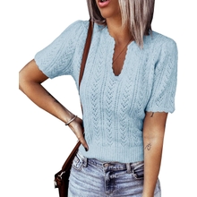 Flysearcher النساء قصيرة الأكمام قمم الصيف الكروشيه تريكو بلوزة تي شيرت الصلبة Pointelle سترة خفيفة الوزن الزي