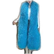 FURINFASHION JR-09 Women's Long Color Vest With Fluffy Mongolian Lamb Fur Coat Sexy Luxury Jacket S, Blue