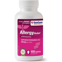 GenCare - Allergy Relief Medicine | Antihistamine Diphenhydramine 25mg 600 Tablets Per Bottle Value Pack | Relieve for Itchy Eyes, Sneezing, Runny Nose | Seasonal or Indoor &amp; Outdoor Allergies