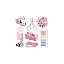 Glarks 1008pcs Pink Office Supplies Kit Desk Accessories Include Stapler, Tape Dispenser, Stapler Remover, Index Tabs, Office Scissor, Sticky Notes for Students Birthday Gift