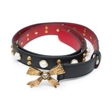 Gucci Studded leather belt metal bow hibiscus red black Belt Moon Pearl Italy New