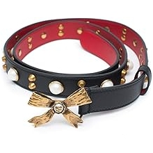 Gucci Studded leather belt metal bow hibiscus red black Belt Moon Pearl Italy New