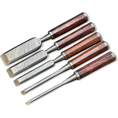 Handmade Chisel Set of 5 Pcs for Woodworking, Professional for Mortising &amp; Carving Hand Forged Damascus Steel Octagonal Handle Damascus Spacer and Butt Cap
