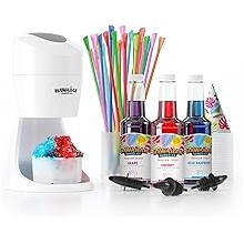 Hawaiian Shaved Ice Machine Kit - 3 Flavors, 25 Cups, Straws, Pourers, Ice Molds