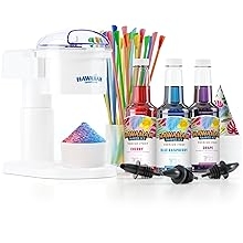Hawaiian Shaved Ice S700 Kid-Friendly Snow Cone Machine Kit with 3-16oz. Syrup Flavors: Cherry, Grape, and Blue Raspberry, Plus 25 Snow Cone Cups, 25 Spoon Straws, and 3 Black Bottle Pourers