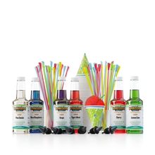 Hawaiian Shaved Ice Syrup Assortment with 6 - 16oz Bottles, 50 Snow Cone Cups, Spoon Straws, and Pouring Spouts. Flavors: Tiger&rsquo;s Blood, Pina Colada, Blue Raspberry, Grape, Cherry, Lemon-Lime