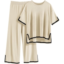 HEEKPEK 2 Piece Sets for Women Summer Outfits Travel Lounge Short Sleeve Sweater Matching Knit Pullover Tops Wide Leg Pants