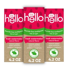 Hello Natural Watermelon Flavour Baby & Kids Fluoride Free Toothpaste, Vegan, SLS Free, Gluten Free, Safe to Swallow for Baby and Toddlers, 4.2 Ounce (Pack of 3)