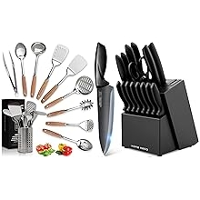 الصفحة الرئيسية البطل 10 قطع مجموعة أدوات المطبخ المصنوعة من الفولاذ المقاوم للصدأ والخشب + 16 قطعة مجموعة سكاكين المطبخ