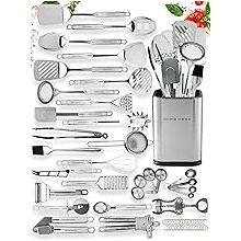 Set Peralatan Dapur Keluli Tahan Karat Home Hero 54 Keping - Peralatan Memasak Silikon & Keluli Tahan Karat Tahan Haba - Alat Lengkap dengan Sudu Berslot & Sudu Pasta - Pek 54, Perak