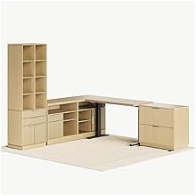 Home Office Furniture Set, 67 Electric Standing Desk with 73 Bookshelf and 2 Drawer Lateral File Cabinet, Office Furniture Desk Sets, Fluted Light Walnut