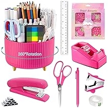 Hot Pink Desk Accessories, Hot Pink Office Supplies 360 Pen Holder Desk Organizers and Accessories with Tape Dispenser, Stapler, Staple Remover, 1000 Staples, Tape, Clips Set, Ruler, Scissor, Pen