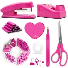 Hot Pink Office Supplies,Hot Pink Desk Accessories,Stapler and Tape Dispenser Set for Women with Stapler,Tape Dispenser,Staple Remover,Staples,Clips,Scissor and Sticky Notes for Students,Office Clerks