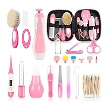 Keperluan Dandanan Bayi Pemangkas Kuku Keselamatan Elektrik, Aspirator Hidung, Berus Rambut, Sikat, Penggunting Kuku Set Penjagaan Keselamatan 27 Keping untuk Bayi Baru Lahir - Merah Jambu