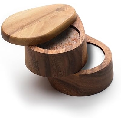 Ironwood Gourmet Double Layer Swivel Salt Cellar Box, Acacia Wood