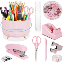 Desk Organizers with Pink Office Accessories, include 360  Rotating Pen Holder Stapler Tape Holder Staples Scissors Ruler Staple Remover, for Home School Office use