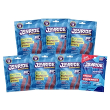 JOYRIDE Sour Blue Raspberry Strips - 6 Packs - Less Sugar, Sour Chewy Candy Belts, Low Calorie Snacks, Healthy Gummy Candy, Bonus Gum Pack - 3.5oz 6 Pack