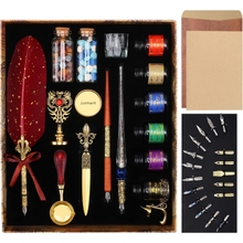 Junhartt Quill Feather Pen and Ink Set, Calligraphy Pen Glass Dip Pen and Wax Seal Stamp Kit (Red)