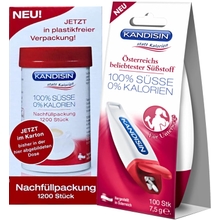 KANDISIN Classic Table Sweetener Dispenser for on the go 1x100 pcs and Refill Pack 1200 pcs. - The calorie-free sweetener for coffee, tea and other beveragesAustria