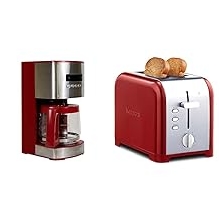 Koolatron Kenmore 12-cup Programmable Drip Coffee Machine + 2-Slice Toaster with Extra Wide Slots Self-Adjusting Bread Guides and Removable Crumb Tray, Red and Stainless Steel