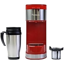 Koolatron Kenmore Single Serve Coffee Maker & Stainless Steel Travel Mug, Capsule/Pod & Ground Coffee Brewing, K Cup Compatible, Hot & Iced Coffee Machine, 6 to 14 Oz Brew Sizes, Auto Shut-Off, Red