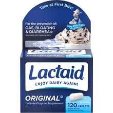 Lactaid Original Strength Lactose Intolerance Relief Caplets with Natural Lactase Enzyme، المكمل الغذائي للمساعدة في منع الغاز والانتفاخ وأمبير. الإسهال بسبب حساسية اللاكتوز ، 120 قيراط