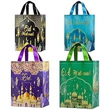 LAOREI 4 PCS Eid Mubarak Reusable Gift Bags-Ramadan Environmental Protection Party Bags Multifunctional Non-Woven Eid for Gifts Wrapping Ramadan Party Decorative shopping bag with Handles