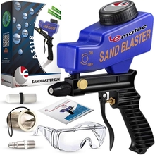 LE LEMATEC AS118 Sand Blaster Gun Kit for Air Compressor, PaintRust Remover for Metal, Wood &amp; Glass Etching, Up to 150 PSI Blasting Media for Aluminum, Sand, Walnut Shells &amp; Soda Blaster Jobs, Blue