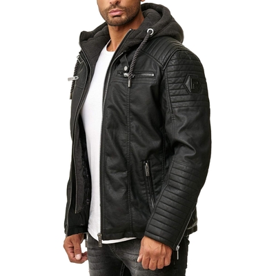 RED BRIDGE Men's Faux Lether Jacket Transition Biker Jacket with Hooded Modern 2in1