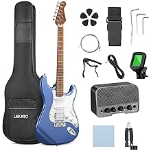 LEKATO Electric Guitar 39 Inch Beginner Electric Guitar Kit Full Size Solid Body Guitar HSS for Starter with 10w Mini Amp, Bag, Tuner, Capo, Shoulder Strap, Picks, String, String Winder&Cutter - Blue