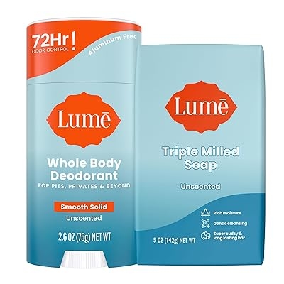 Lume Whole Body Deodorant And Soap - 2.6 Ounce Smooth Solid Stick With 72 Hour Odor Control and 5 Ounce Triple Milled Soap - Aluminum Free, Baking Soda Free and Skin Loving Unscented