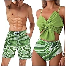 Matching Swimsuit Couples Green Wave Large Bowknot High Waisted Bikini Set &amp; Matching Men Swim Trunks