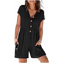 Womens Romper Summer 2026 Casual Cap Sleeve V neck Button Short Jumpsuit Beach Vacation Outfits with Pockets