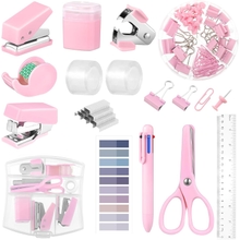 Mini Office Supplies, Purple School Supplies with Sticky Notes,Mini Stapler,Tape Dispenser,Hole Punch,Staple Remover,Staples,Clips,Scissor,Pen Pink