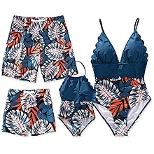 Mommy and Me Matching Swimsuit：One Piece V Neck Bathing Suits Leaves Printed Family Swimwear Matching Set