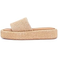 Platform Sandals Women Raffia Espadrille Slides, Woven Straw Flatform Beach Sandals Women, Slip On Summer Vacation Shoes, Comfortable Casual Daily Wear