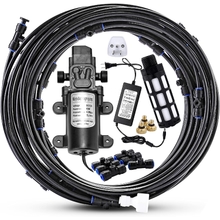 Mornajina Outdoor Misting Cooling System with Pump Kit, 49.2FT15M Misting Line with Filter, 20 Brass Mist Nozzles, 1 Brass Adapter 34, 12V DC 60W 5LMin, Self Priming Sprayer Water Pump