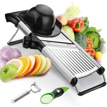 Alat pemotong sayur dapur Mandoline 6 in 1 pelbagai fungsi dengan Potato Dicer Stainless Steel Slicer Ketebalan Boleh Diselaraskan? dengan Extra Peeler, Blade Guardand dan 3-in-1 Avocado Slicer