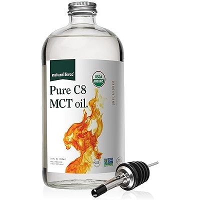 Natural Force Organic Pure C8 MCT Oil Liquid MCT Oil in Glass Bottle Container Concentrated Caprylic Acid Keto, Paleo, Kosher, Vegan & Non-GMO Lab Tested for Quality and Purity, 32 Ounce