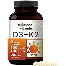 NatureBell Vitamin D3 5,000 IU + K2 100 mcg, 240 Softgels | Daily 2-in-1 Formula with Virgin Coconut Oil | Bone, Heart & Immune Support | MK-7 Form | Non-GMO, Gluten-Free