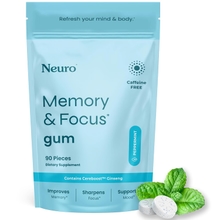 Neuro Memory & Focus Gum (90 Pieces) - Decaf & Sugar Free with American Ginseng, L theanine, Vitamin B12 & Vitamin B6 for Mental Alertness - Brain Supplements for Memory and Focus - Peppermint Flavor