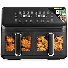 Nutrichef Double Basket Air Fryer 8.8 QT | Family Size Oil Free Airfryer with Transparent Window | 9-1 Preset Cooking Options | 360 Hot Air Circulation Technology | 4.4 QTs per Basket | Black