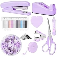 OFFCUP Desk Accessories Set, Office Supplies Kit, Includes Stapler, Tape Dispenser, Staple Remover, Staples, Clips, Scissor, Box Cutter, Tape Measure and Sticky Notes Students, Coworkers Purple