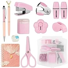 OFFCUP Desk Accessories Set, Office Stationary Set with Notebook, 2pcs Highlighters, 2PCS Pen, Stapler, Tape Dispenser, Staple Remover, Clips, Pencil Sharpener for Office School Supplies Pink