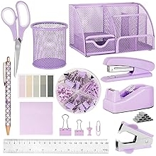 OFFCUP Desk Accessories Set, Office Stationary Set with Desk Organiser, Stapler, Tape Dispenser, Staple Remover, Clips, Scissor, Ruler, Pen Holder, Sticky Notes for Office School Supplies Purple