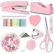 OFFCUP Desk Accessories Set, Office Supplies Kit, Includes Stapler, Tape Dispenser, Staple Remover, Staples, Clips, Scissor, Box Cutter, Tape Measure and Sticky Notes Students, Coworkers Pink