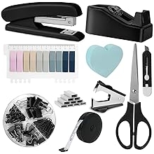 OFFCUP Desk Accessories Set, Office Supplies Kit, Includes Stapler, Tape Dispenser, Staple Remover, Staples, Clips, Scissor, Box Cutter, Tape Measure and Sticky Notes Students, Coworkers Black