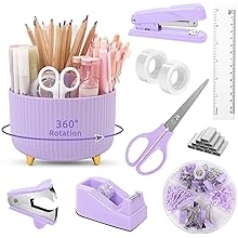 Office Desk Accessories Set, 10 Pieces, Pencil Holder, Stapler, Tape Dispenser, Scissors, Ruler, Clips, 1000 Staples, Pink and Black Purple