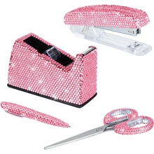 Office Stationery Set,Desk Accessory Kit, Home Office Necessary- Stapler & Desktop Tape Dispenser & Ballpoint Pens & Scissor 4 Piece Office Desk Accessories KitsPink